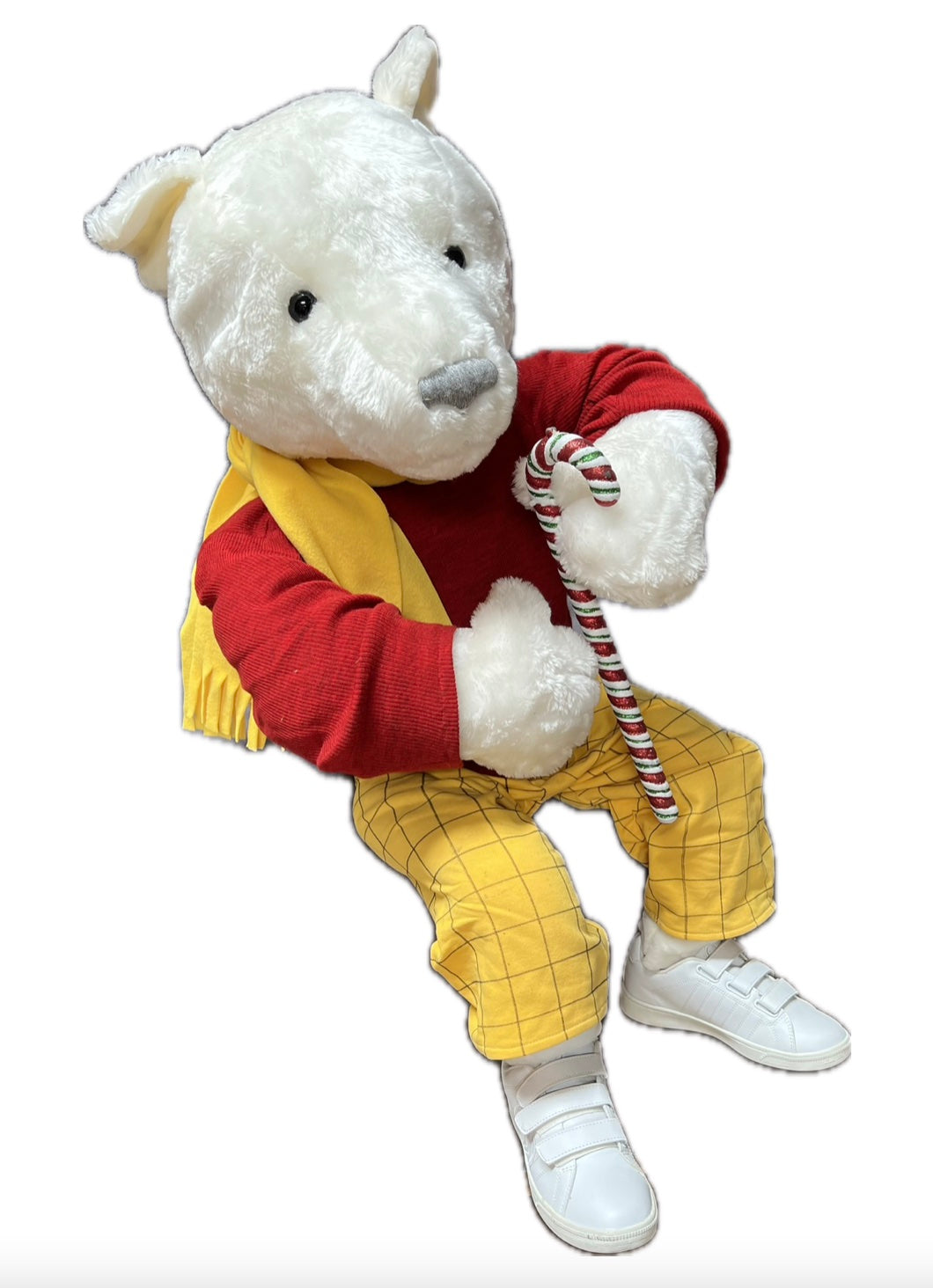 Eisbär 100 cm mit rotem Pulli und gelber Hose