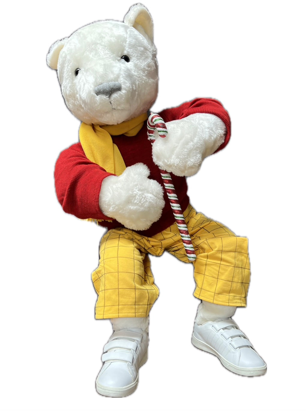 Eisbär 100 cm mit rotem Pulli und gelber Hose