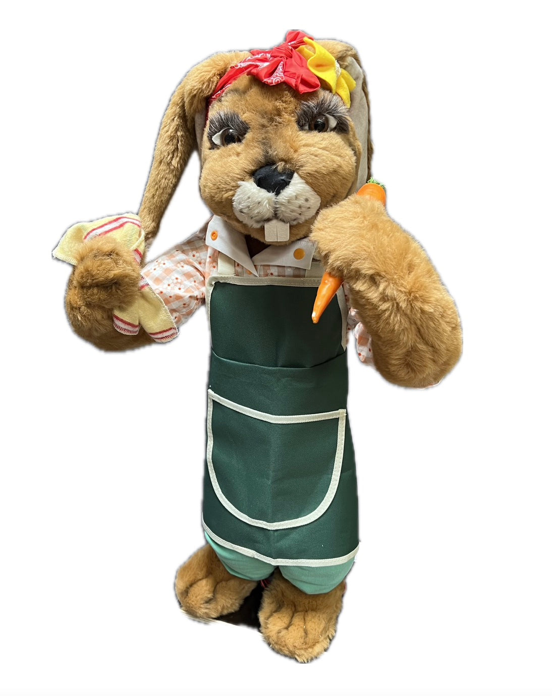 Rabbit with green garden apron, carrot and cloth