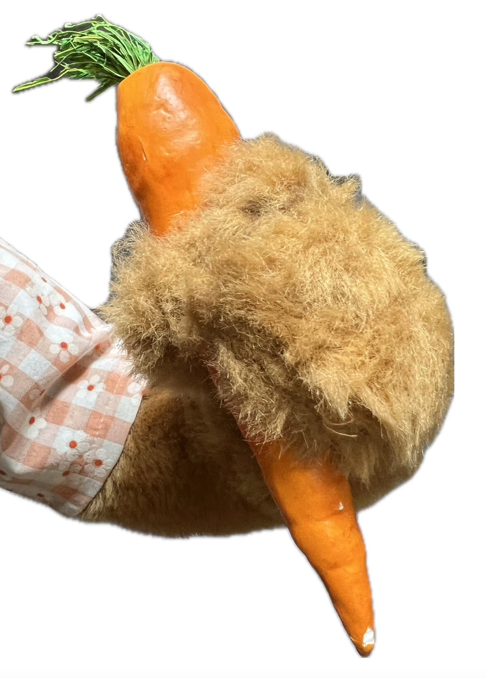 Rabbit with green garden apron, carrot and cloth